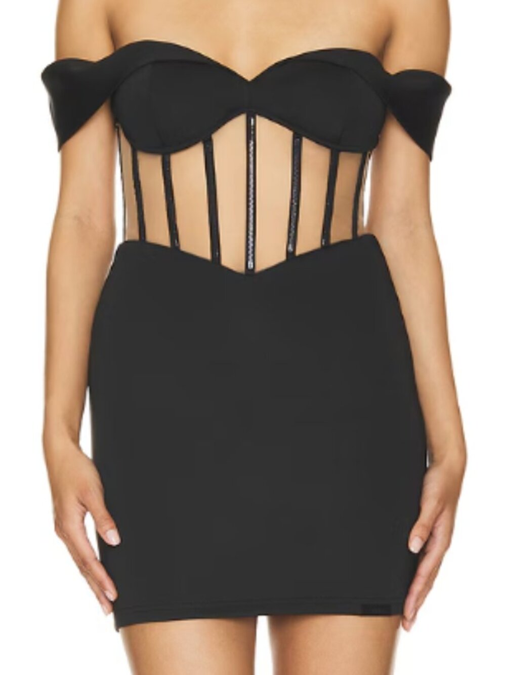 RtA Evie Black Mesh Boned Corset Off The Shoulder Mini Dress Size Large